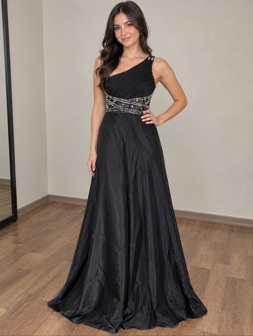 MXI Elegant Black Satin  One-Shoulder Evening Gown with Beaded Waist Sz 11-12